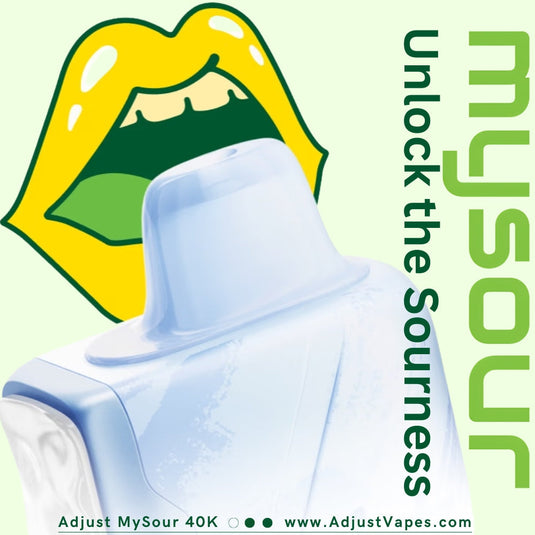 Adjust MySour 40K vaping device with the tagline ‘Unlock the Sourness’ and a vibrant yellow sour-themed graphic in the background.