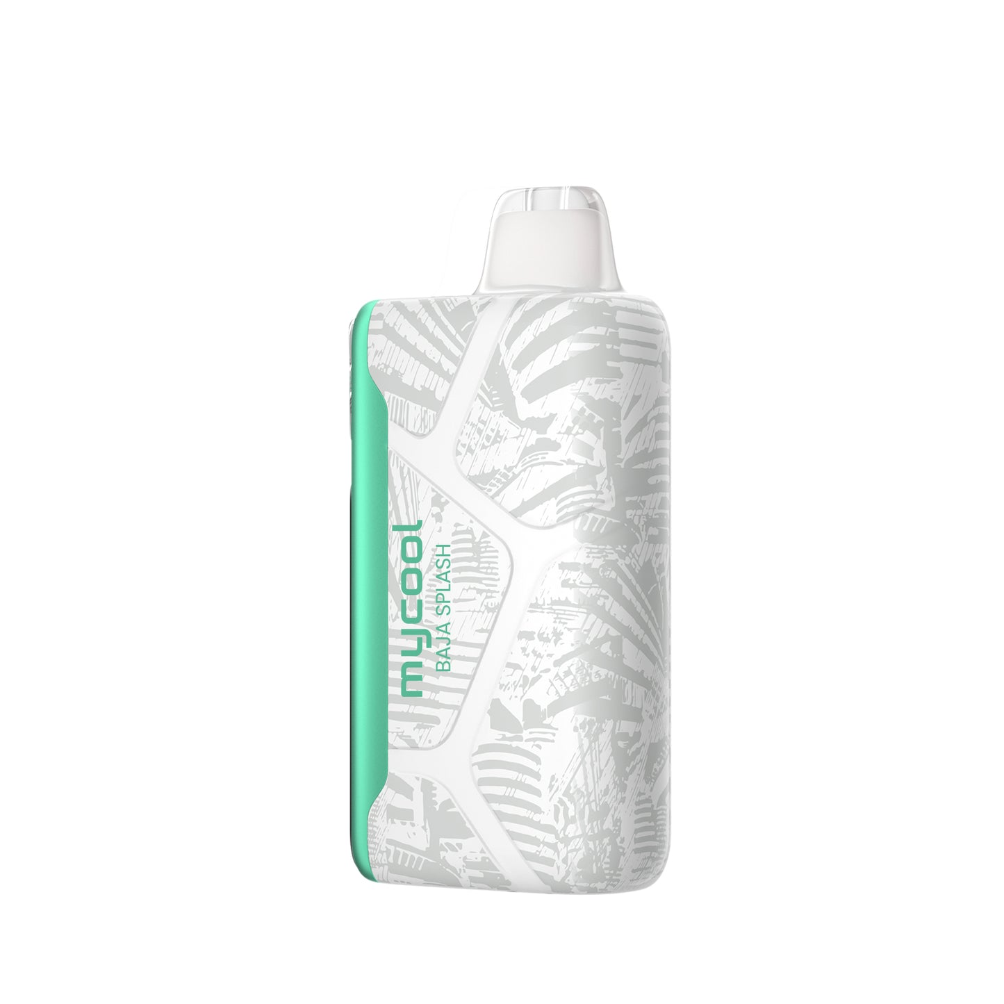 Adjust MyCool Baja Splash 40k disposable vape, featuring a modern white and teal design with embossed patterns, a prominent cooling adjustment button, digital display, and illuminated ice crystal indicators for customizable coolness settings.