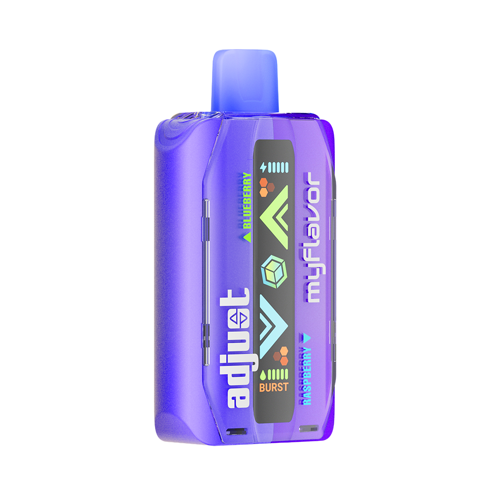 Adjust MyFlavor vape device in a bold purple design, highlighting the Blue Raspberry Ice flavor. Features customizable burst mode with up to 20K puffs, normal mode up to 40K puffs, and an interactive screen for tailored vaping preferences, delivering a premium flavor experience.