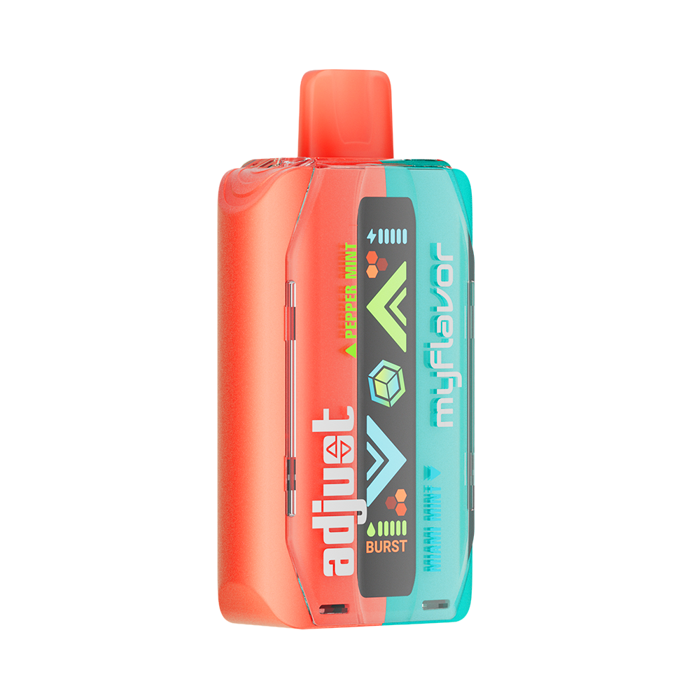 Adjust MyFlavor Mixed Mint vape device with a vibrant turquoise and orange design. Features an interactive screen for 6 adjustable mint flavors, Burst Mode (up to 20K puffs) and Normal Mode (up to 40K puffs), offering a customizable vaping experience.