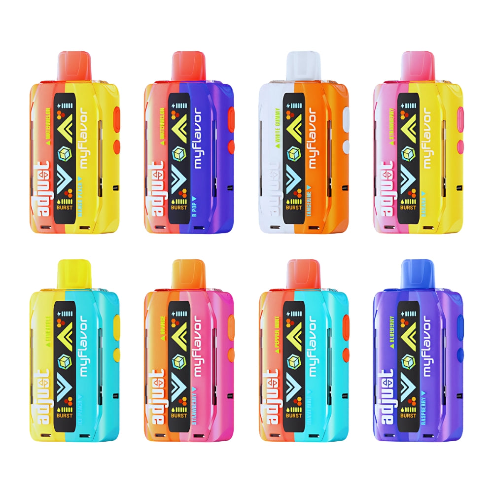 Full lineup of Adjust MyFlavor vape devices in vibrant colors, highlighting advanced customization features including flavor switches and interactive displays.