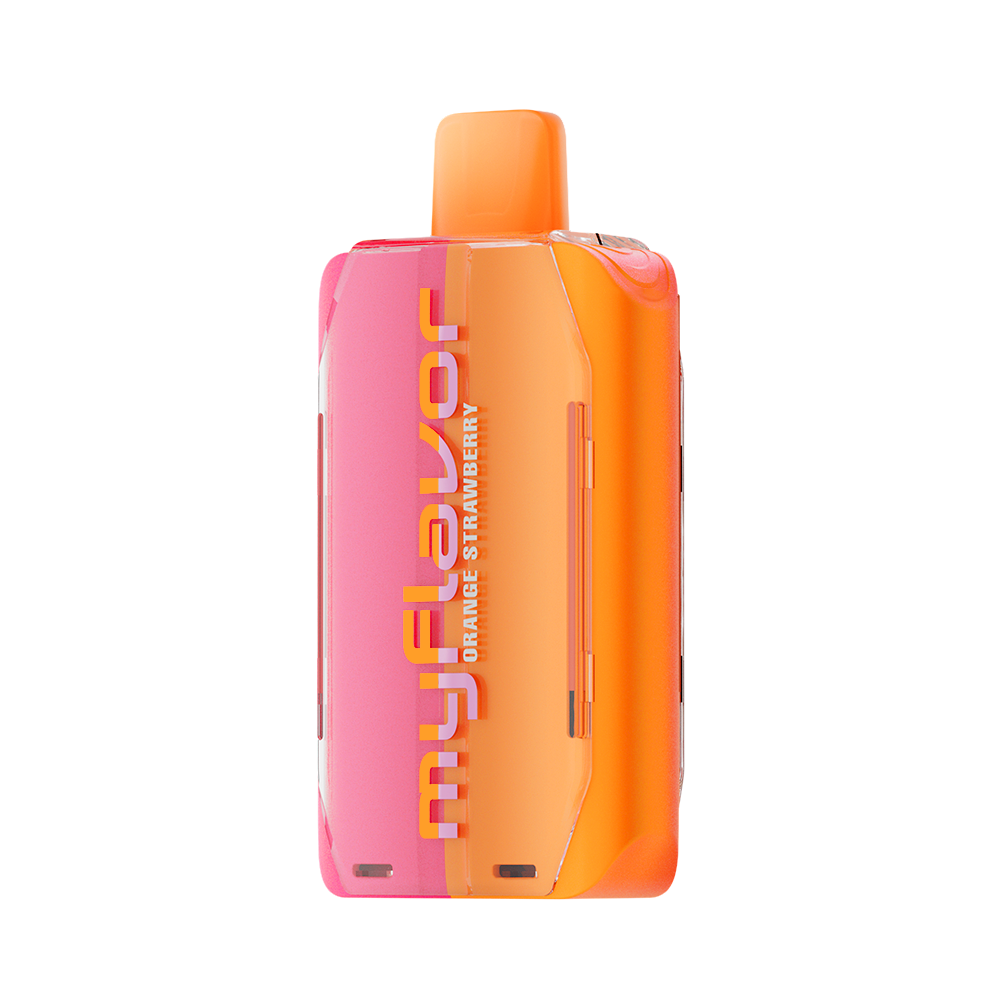 Adjust MyFlavor Orange Strawberry 40K Puffs Disposable Vape Packaging- Orange Strawberry-flavored vape with 6 adjustable flavor intensity settings, rechargeable design, 5% nicotine strength, vibrant orange and pink packaging.
