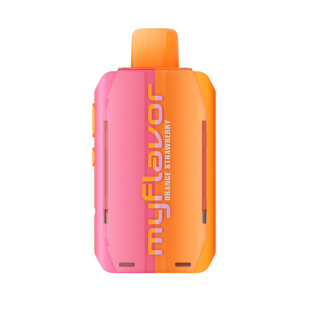 Adjust MyFlavor Orange Strawberry 40K Puffs Disposable Vape Packaging- Orange Strawberry-flavored vape with 6 adjustable flavor intensity settings, rechargeable design, 5% nicotine strength, vibrant orange and pink packaging.