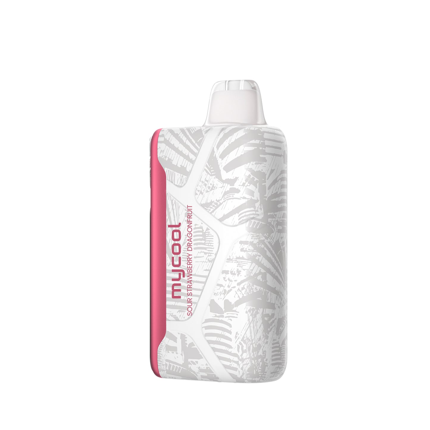 Adjust MyCool Sour Strawberry Dragonfruit 40K Puffs Disposable Vape - Pink and white device featuring a bold combination of sour strawberry and dragonfruit flavors, adjustable cooling levels, 5% nicotine strength, and a clear display showing customizable options for a smooth vaping experience.
