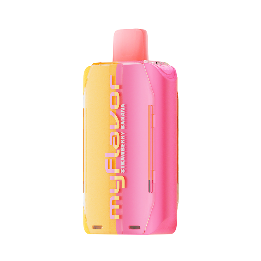 Adjust MyFlavor Strawberry Banana vape device featuring a sleek design with a vibrant pink and yellow color scheme. Offers 6 adjustable flavor profiles, customizable burst and normal puff modes, and an interactive screen for a personalized vaping experience.