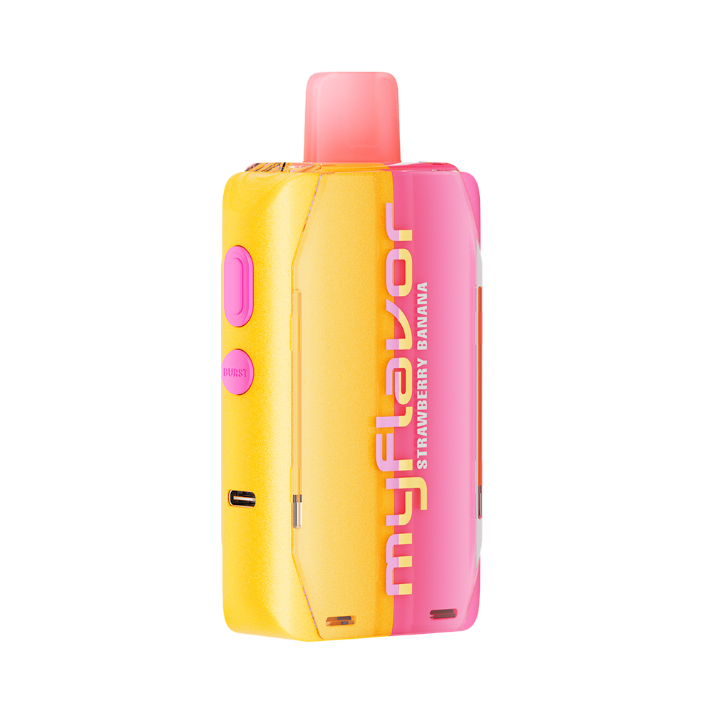 Adjust MyFlavor Strawberry Banana vape device featuring a sleek design with a vibrant pink and yellow color scheme. Offers 6 adjustable flavor profiles, customizable burst and normal puff modes, and an interactive screen for a personalized vaping experience.