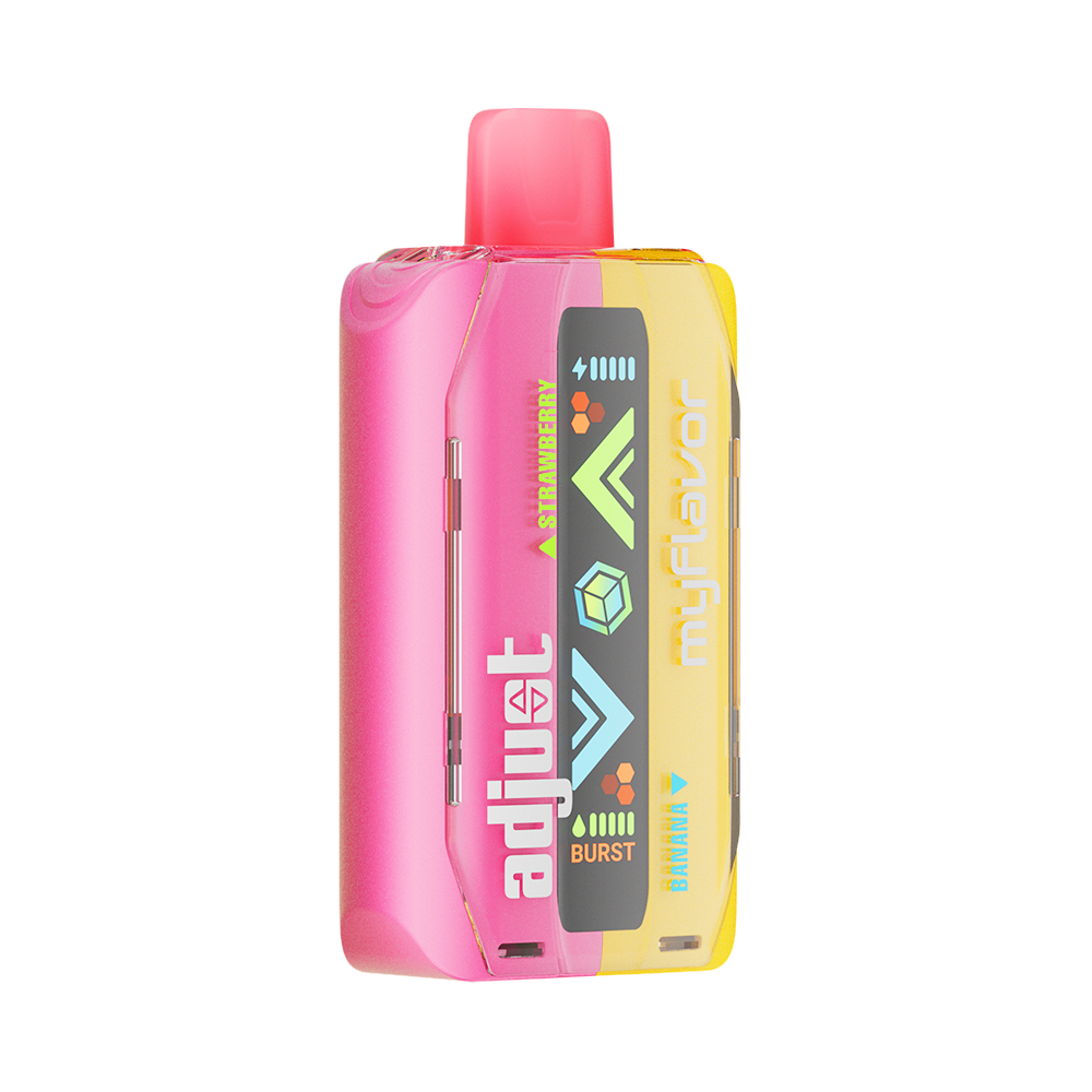 Adjust MyFlavor Strawberry Banana vape device featuring a sleek design with a vibrant pink and yellow color scheme. Offers 6 adjustable flavor profiles, customizable burst and normal puff modes, and an interactive screen for a personalized vaping experience.