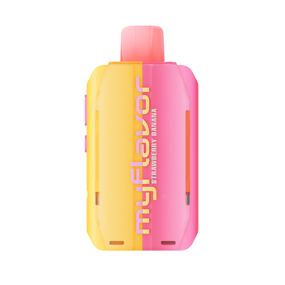 Adjust MyFlavor Strawberry Banana vape device featuring a sleek design with a vibrant pink and yellow color scheme. Offers 6 adjustable flavor profiles, customizable burst and normal puff modes, and an interactive screen for a personalized vaping experience.