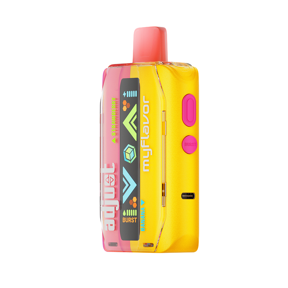 Adjust MyFlavor Strawberry Banana vape device featuring a sleek design with a vibrant pink and yellow color scheme. Offers 6 adjustable flavor profiles, customizable burst and normal puff modes, and an interactive screen for a personalized vaping experience.