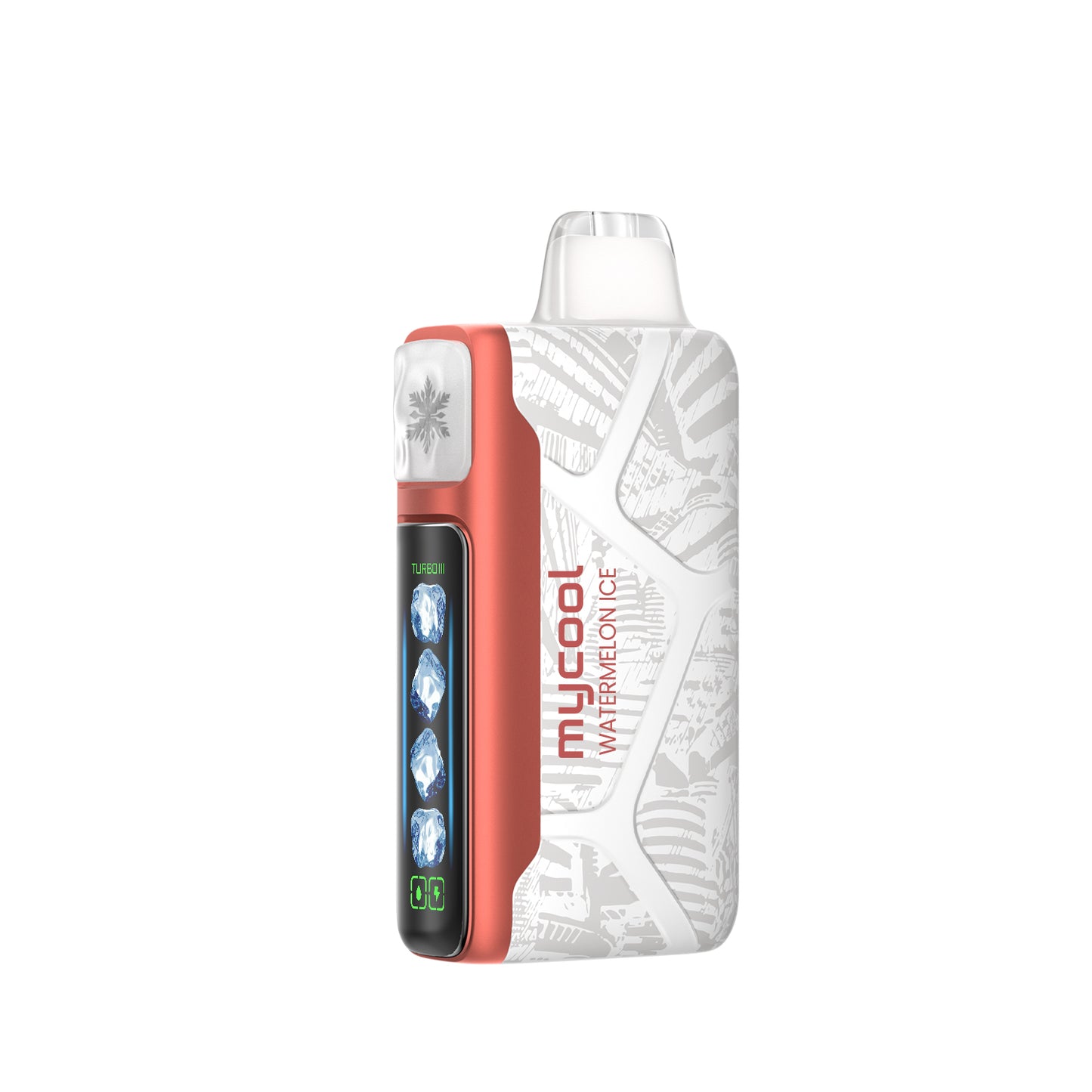 Adjust MyCool Watermelon Ice 40K Puffs Disposable Vape - White and coral-colored device featuring watermelon flavor with adjustable cooling levels, 5% nicotine strength, and a vibrant design, with a clear display of customizable options.