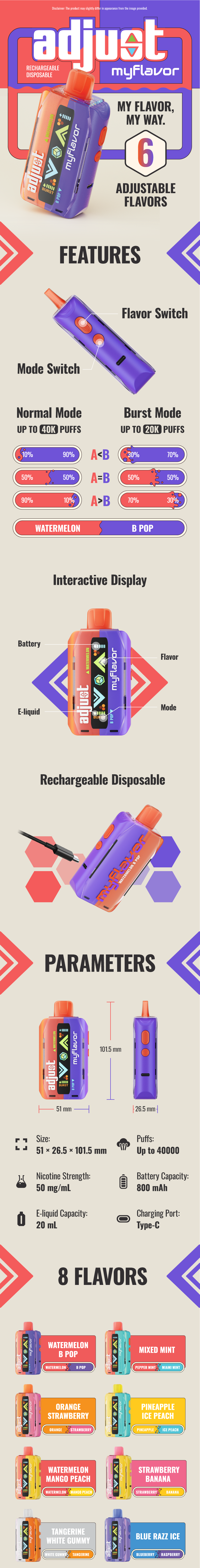 Detailed product page for Adjust MyFlavor Disposable Vape, showcasing its rechargeable design, dual-flavor switch, mode adjustment for Normal or Burst modes, interactive display with battery and flavor indicators, and parameters including size (51 x 26.5 x 101.5 mm), 20mL e-liquid capacity, 40,000 puffs, and 8 flavor options such as Watermelon B Pop, Orange Strawberry, and Blue Razz Ice. Includes visuals of features like flavor blending ratios and USB Type-C charging for ultimate vaping customization.