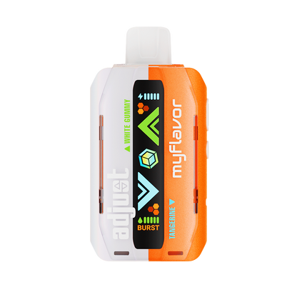 Adjust MyFlavor Tangerine White Gummy vape device with a vibrant orange and white design. Features 6 adjustable flavor profiles, including Tangerine White Gummy, with Burst Mode (up to 20K puffs) and Normal Mode (up to 40K puffs), offering a customizable vaping experience with an interactive screen.