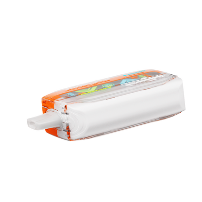 Adjust MyFlavor Tangerine White Gummy vape device with a vibrant orange and white design. Features 6 adjustable flavor profiles, including Tangerine White Gummy, with Burst Mode (up to 20K puffs) and Normal Mode (up to 40K puffs), offering a customizable vaping experience with an interactive screen.