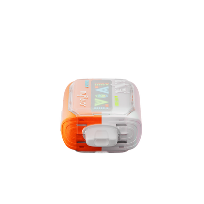 Adjust MyFlavor Tangerine White Gummy vape device with a vibrant orange and white design. Features 6 adjustable flavor profiles, including Tangerine White Gummy, with Burst Mode (up to 20K puffs) and Normal Mode (up to 40K puffs), offering a customizable vaping experience with an interactive screen.