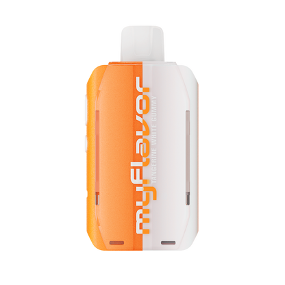 Adjust MyFlavor Tangerine White Gummy vape device with a vibrant orange and white design. Features 6 adjustable flavor profiles, including Tangerine White Gummy, with Burst Mode (up to 20K puffs) and Normal Mode (up to 40K puffs), offering a customizable vaping experience with an interactive screen.