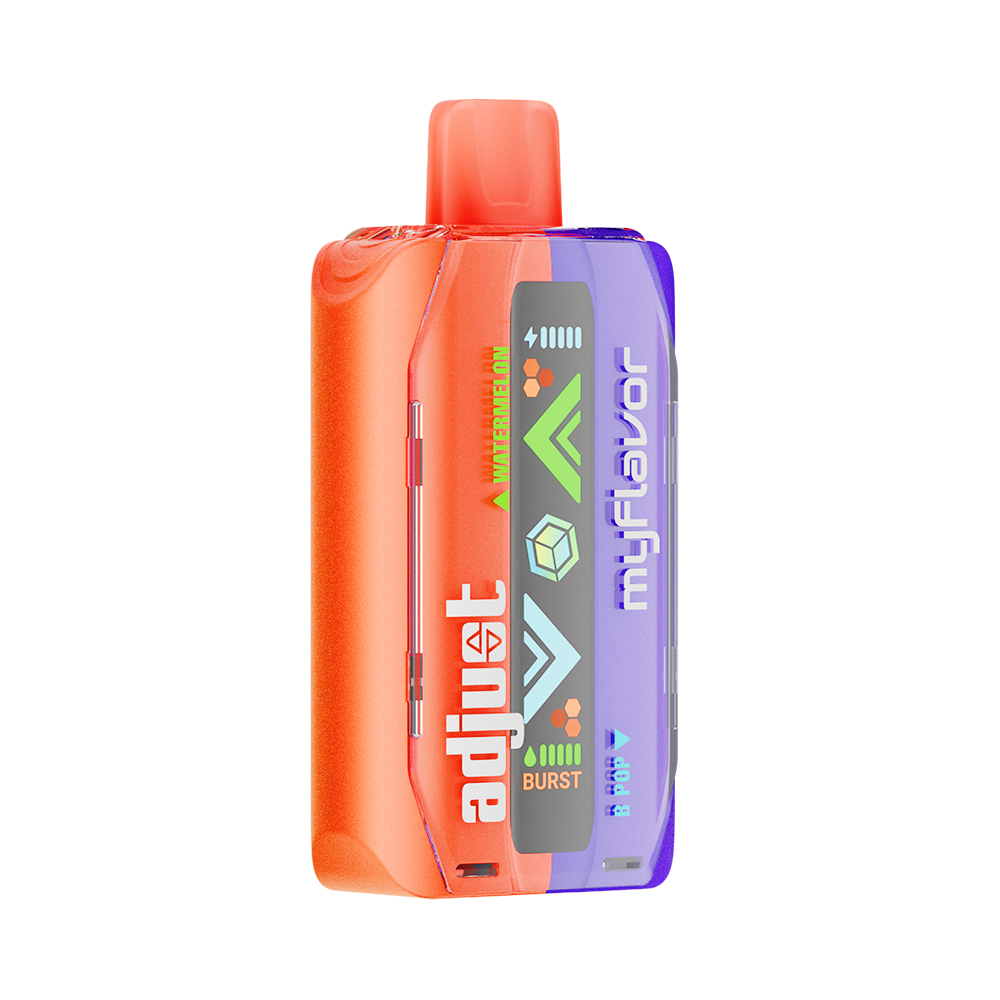 Adjust MyFlavor Watermelon B-Pop vape device featuring a bold red and green design. Offers 6 adjustable flavor profiles, including Watermelon B-Pop, with Burst Mode (up to 20K puffs) and Normal Mode (up to 40K puffs), providing a customizable vaping experience with an interactive screen.