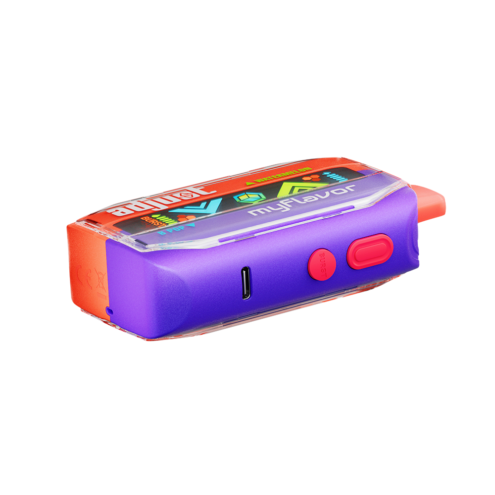 Adjust MyFlavor Watermelon B-Pop vape device featuring a bold red and green design. Offers 6 adjustable flavor profiles, including Watermelon B-Pop, with Burst Mode (up to 20K puffs) and Normal Mode (up to 40K puffs), providing a customizable vaping experience with an interactive screen.