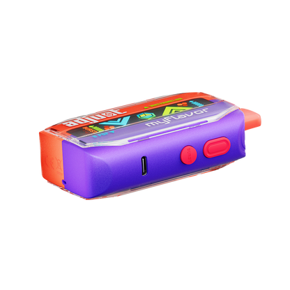 Adjust MyFlavor Watermelon B-Pop vape device featuring a bold red and green design. Offers 6 adjustable flavor profiles, including Watermelon B-Pop, with Burst Mode (up to 20K puffs) and Normal Mode (up to 40K puffs), providing a customizable vaping experience with an interactive screen.
