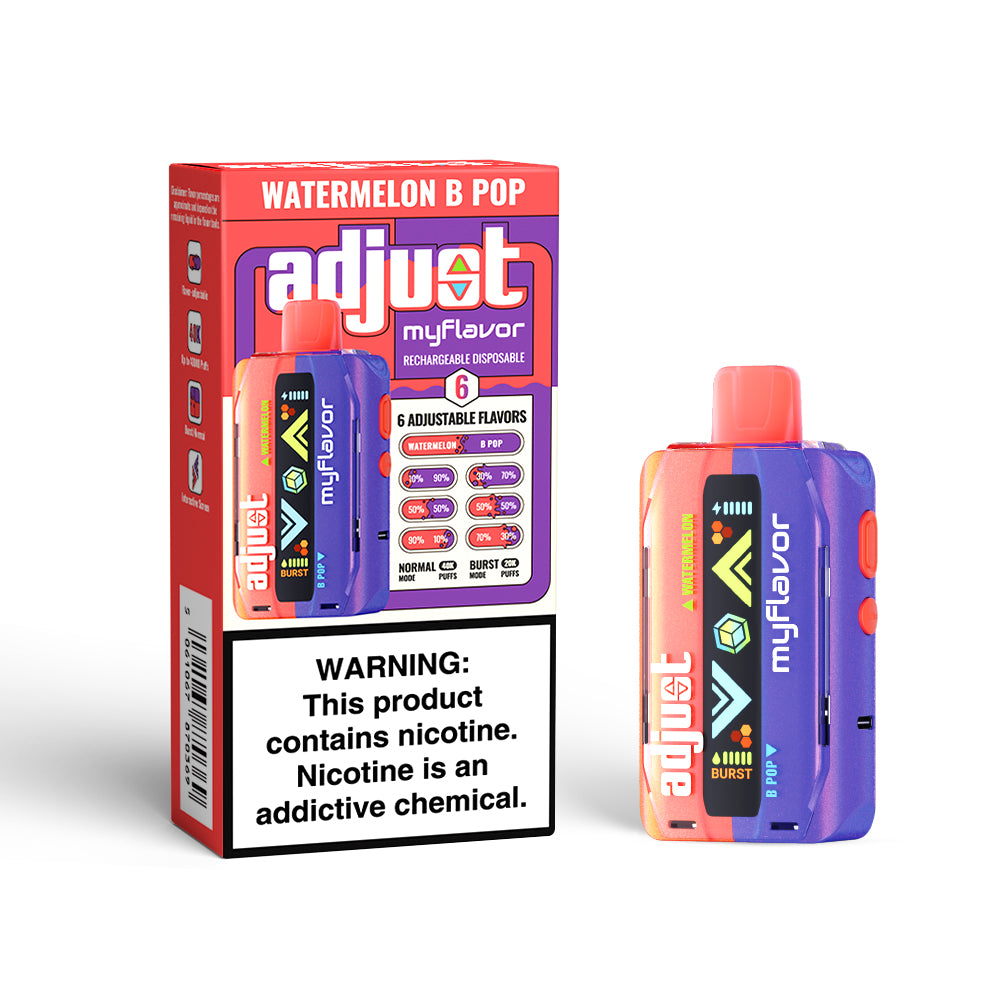 Adjust MyFlavor Watermelon B Pop vape device in vibrant purple and orange design. Features 6 adjustable flavor options with watermelon as the primary flavor. Includes Burst Mode (up to 20K puffs) and Normal Mode (up to 40K puffs) for a customizable vaping experience. Rechargeable disposable vape with an interactive screen. Warning: Contains nicotine, an addictive chemical.