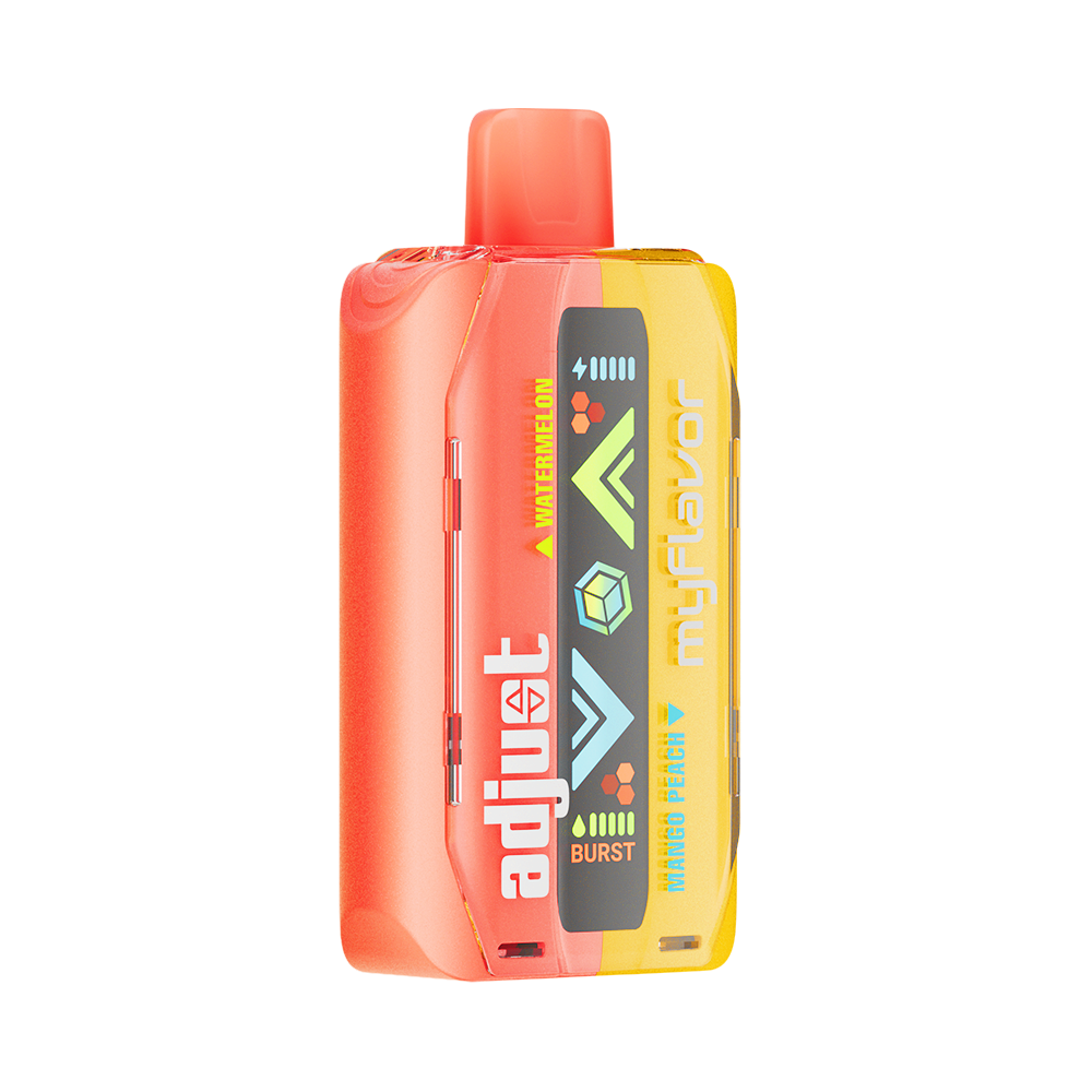 Adjust MyFlavor Watermelon Mango Peach vape device with a vibrant red, orange, and green design. Features 6 adjustable flavor profiles, including Watermelon Mango Peach, with Burst Mode (up to 20K puffs) and Normal Mode (up to 40K puffs), offering a customizable vaping experience with an interactive screen.