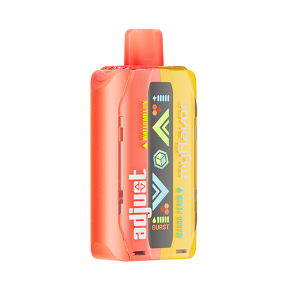 Adjust MyFlavor Watermelon Mango Peach vape device with a vibrant red, orange, and green design. Features 6 adjustable flavor profiles, including Watermelon Mango Peach, with Burst Mode (up to 20K puffs) and Normal Mode (up to 40K puffs), offering a customizable vaping experience with an interactive screen.