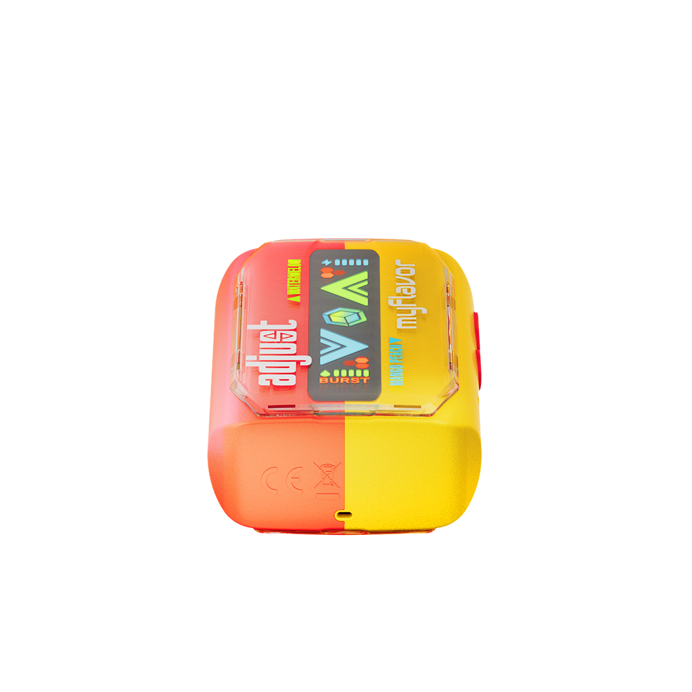 Adjust MyFlavor Watermelon Mango Peach vape device with a vibrant red, orange, and green design. Features 6 adjustable flavor profiles, including Watermelon Mango Peach, with Burst Mode (up to 20K puffs) and Normal Mode (up to 40K puffs), offering a customizable vaping experience with an interactive screen.
