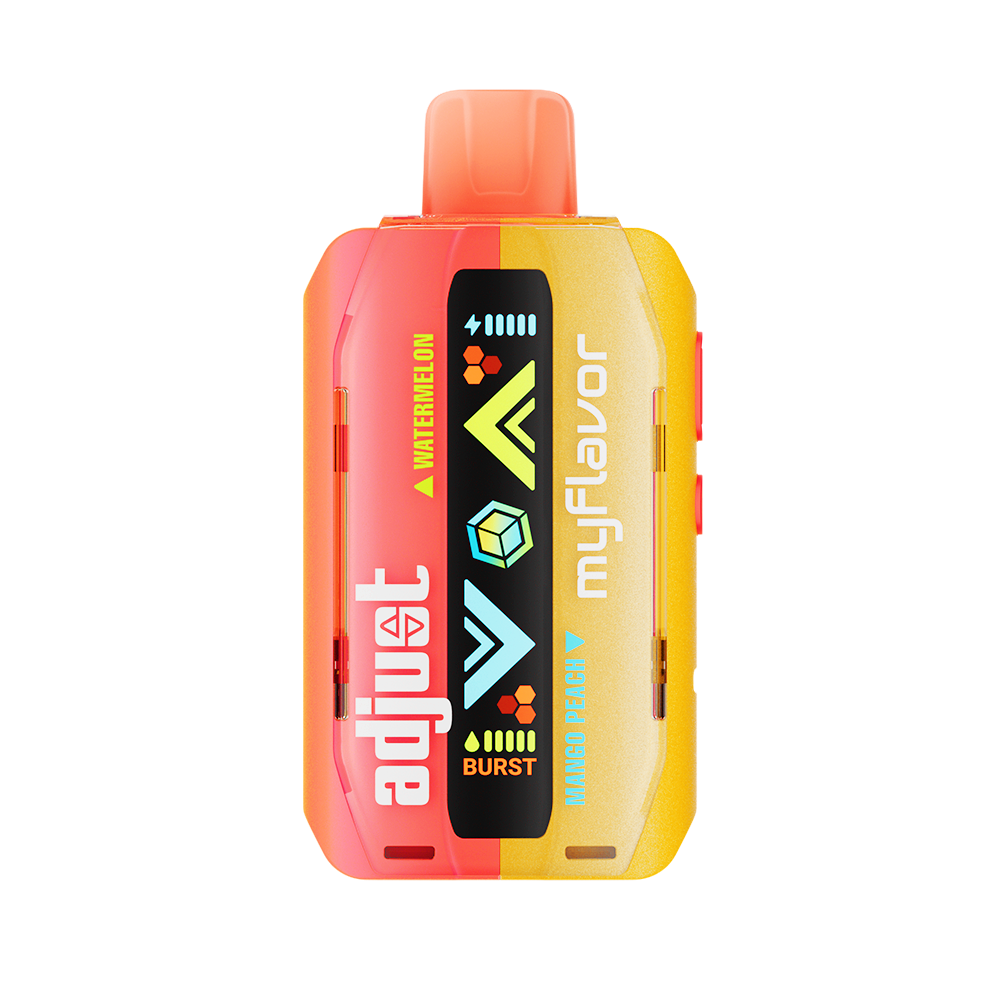 Adjust MyFlavor Watermelon Mango Peach vape device with a vibrant red, orange, and green design. Features 6 adjustable flavor profiles, including Watermelon Mango Peach, with Burst Mode (up to 20K puffs) and Normal Mode (up to 40K puffs), offering a customizable vaping experience with an interactive screen.