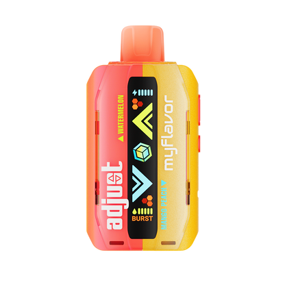 Adjust MyFlavor Watermelon Mango Peach vape device with a vibrant red, orange, and green design. Features 6 adjustable flavor profiles, including Watermelon Mango Peach, with Burst Mode (up to 20K puffs) and Normal Mode (up to 40K puffs), offering a customizable vaping experience with an interactive screen.