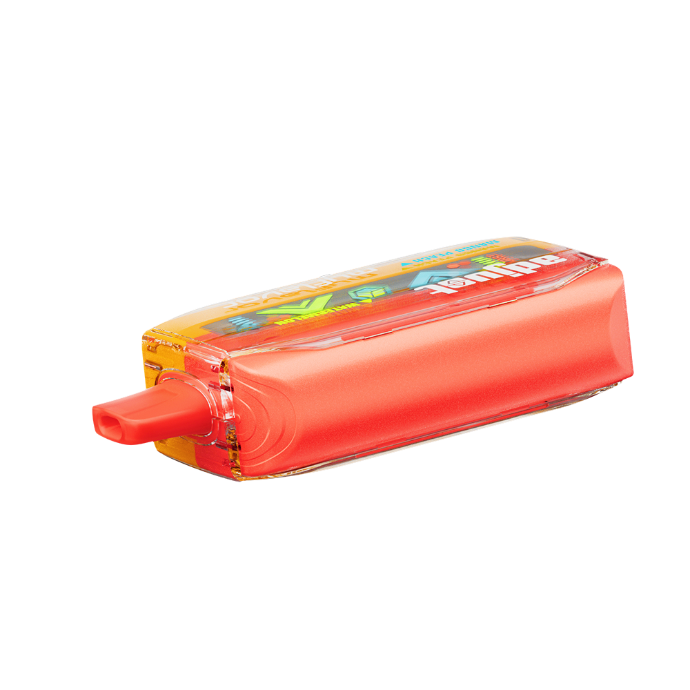 Adjust MyFlavor Watermelon Mango Peach vape device with a vibrant red, orange, and green design. Features 6 adjustable flavor profiles, including Watermelon Mango Peach, with Burst Mode (up to 20K puffs) and Normal Mode (up to 40K puffs), offering a customizable vaping experience with an interactive screen.