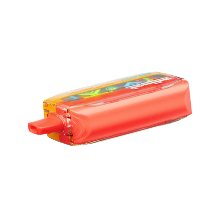 Adjust MyFlavor Watermelon Mango Peach vape device with a vibrant red, orange, and green design. Features 6 adjustable flavor profiles, including Watermelon Mango Peach, with Burst Mode (up to 20K puffs) and Normal Mode (up to 40K puffs), offering a customizable vaping experience with an interactive screen.