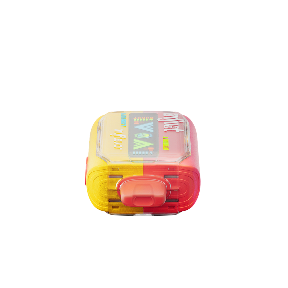 Adjust MyFlavor Watermelon Mango Peach vape device with a vibrant red, orange, and green design. Features 6 adjustable flavor profiles, including Watermelon Mango Peach, with Burst Mode (up to 20K puffs) and Normal Mode (up to 40K puffs), offering a customizable vaping experience with an interactive screen.