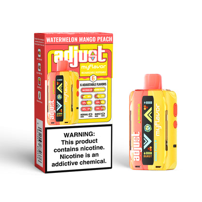 Adjust MyFlavor Watermelon Mango Peach vape device with a vibrant yellow and orange design, featuring an interactive screen with 6 adjustable flavor levels. Includes Burst Mode (up to 20K puffs) and Normal Mode (up to 40K puffs). Rechargeable disposable vape for a customizable experience. Warning: Contains nicotine, an addictive chemical.