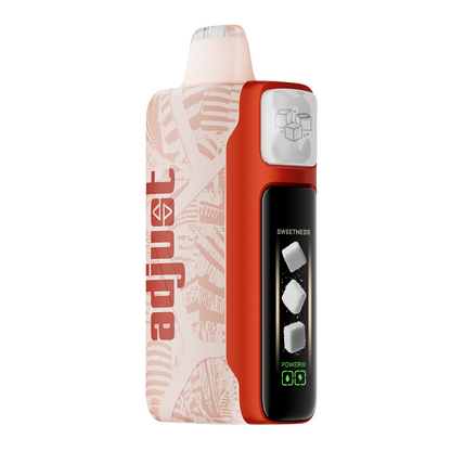Adjust MySweet Disposable Vape Device in Red and White - Featuring a sleek rechargeable design with adjustable sweetness levels displayed on an interactive screen, offering a modern vaping experience.