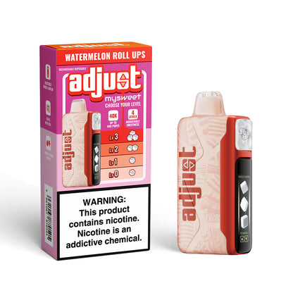Adjust MySweet Watermelon Roll Ups Disposable Vape Device and Packaging - Featuring a sleek red and white rechargeable device with adjustable sweetness levels, 40K puffs capacity, and vibrant watermelon roll-ups flavor branding. Includes a nicotine warning label.